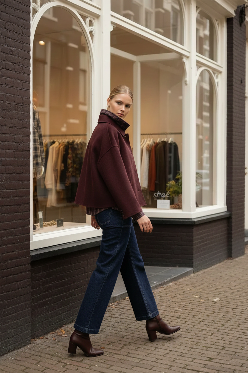 Lulumary Wickelbluse + Attentif Paris Tuchjacke Bordeaux + Ange Paris Jeans Parmy – Sleek Dutt – Amsterdam over-the-shoulder