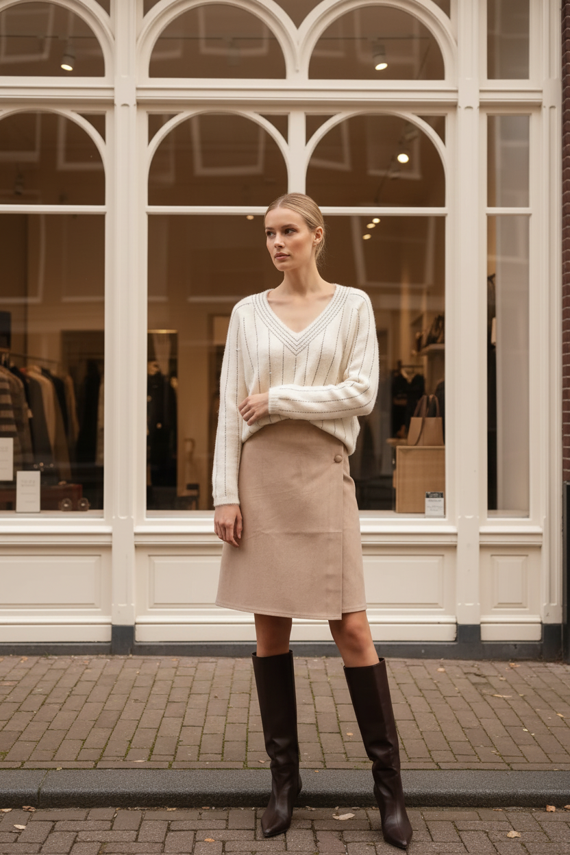 Lulumary Wickelrock Hellsand x Perlenbesatz Pullover Ecru x Dunkelbraune Schaftstiefel – Amsterdam Standard Frontal Rock vollständig sichtbar