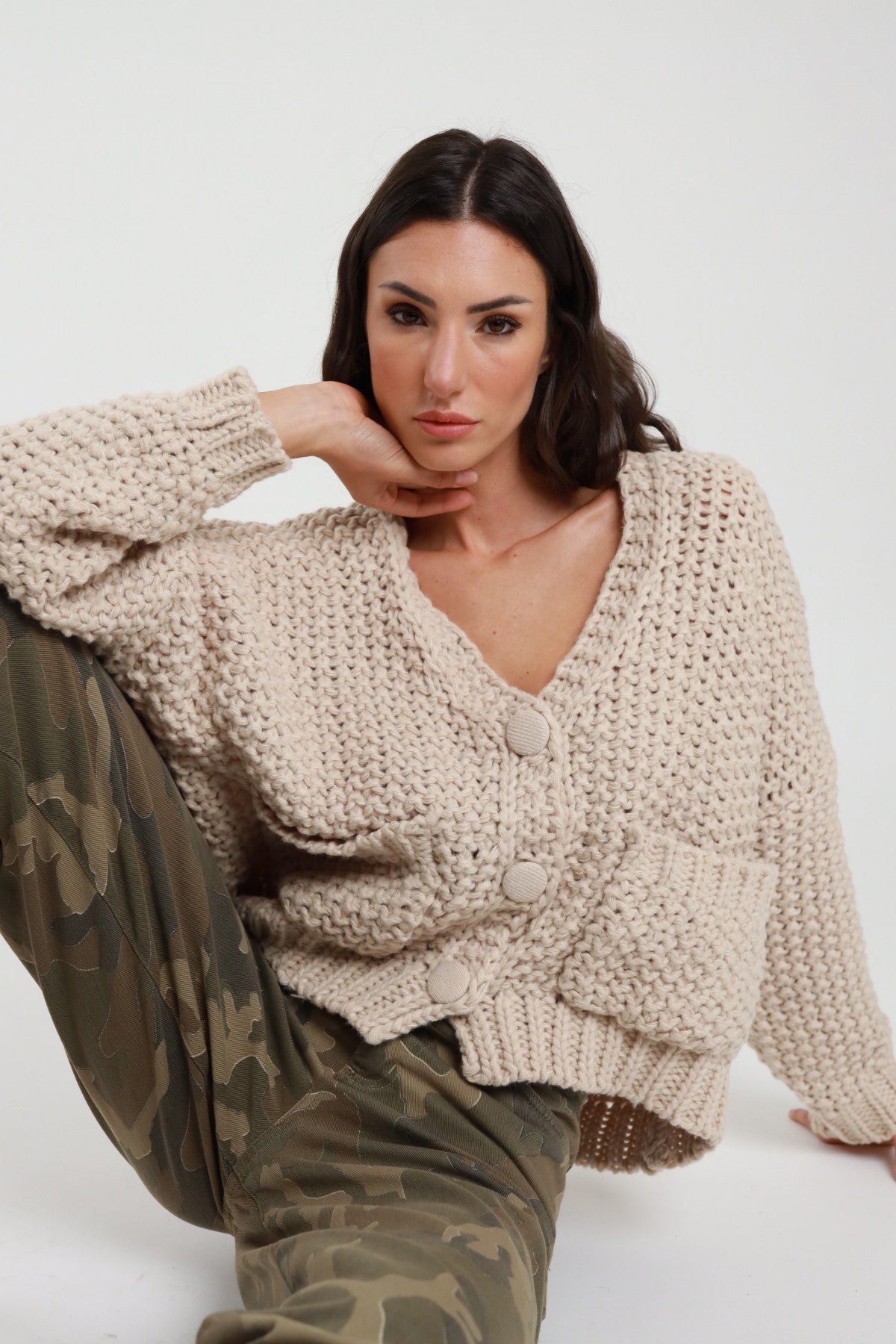 Susy Mix Chunky Cardigan mit großen Knöpfen - Creme