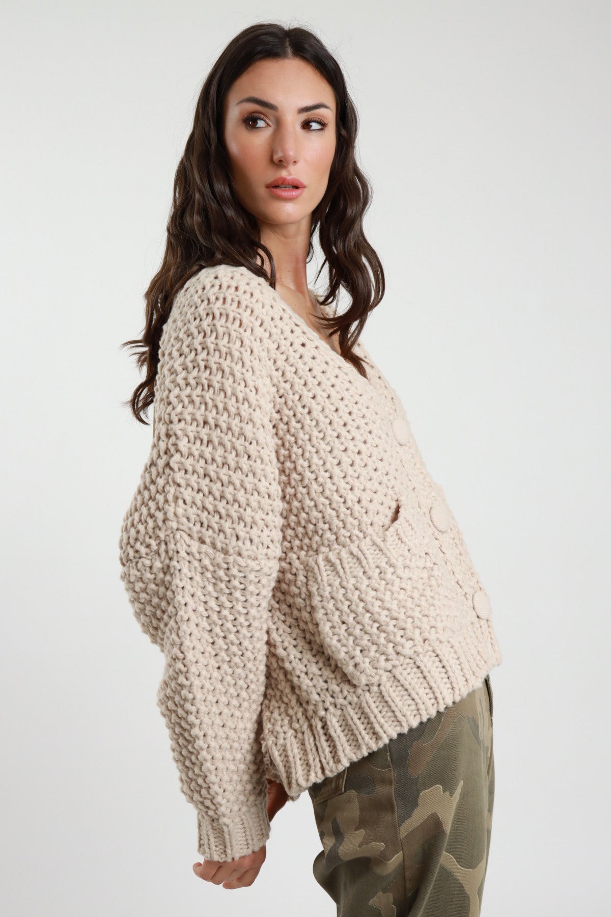 Susy Mix Chunky Cardigan mit großen Knöpfen - Creme