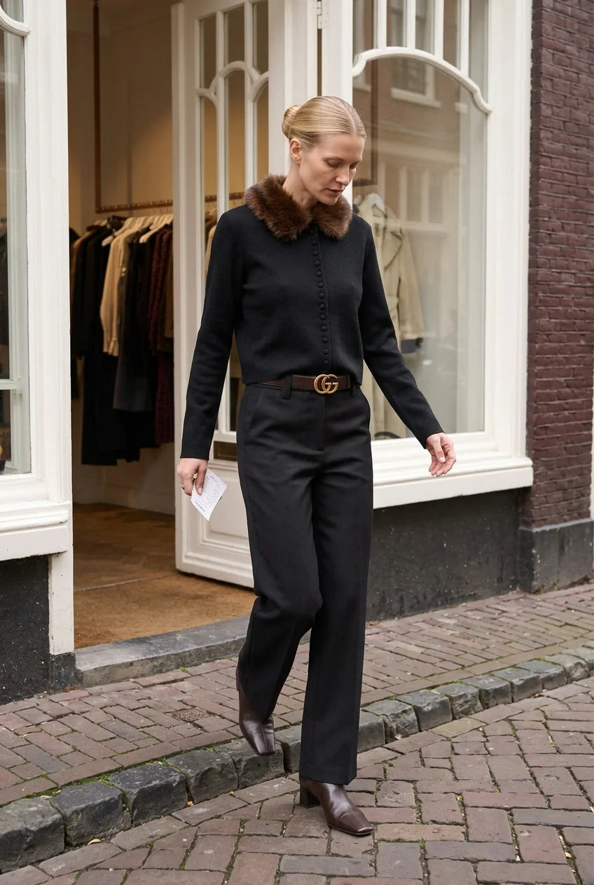 Nathael Paris kurzer Cardigan in Schwarz mit abnehmbarem Fellkragen