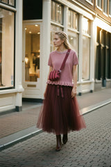 Ange Paris Nestorine Kurzarm-Strickpullover Rosa mit Rüschensaum