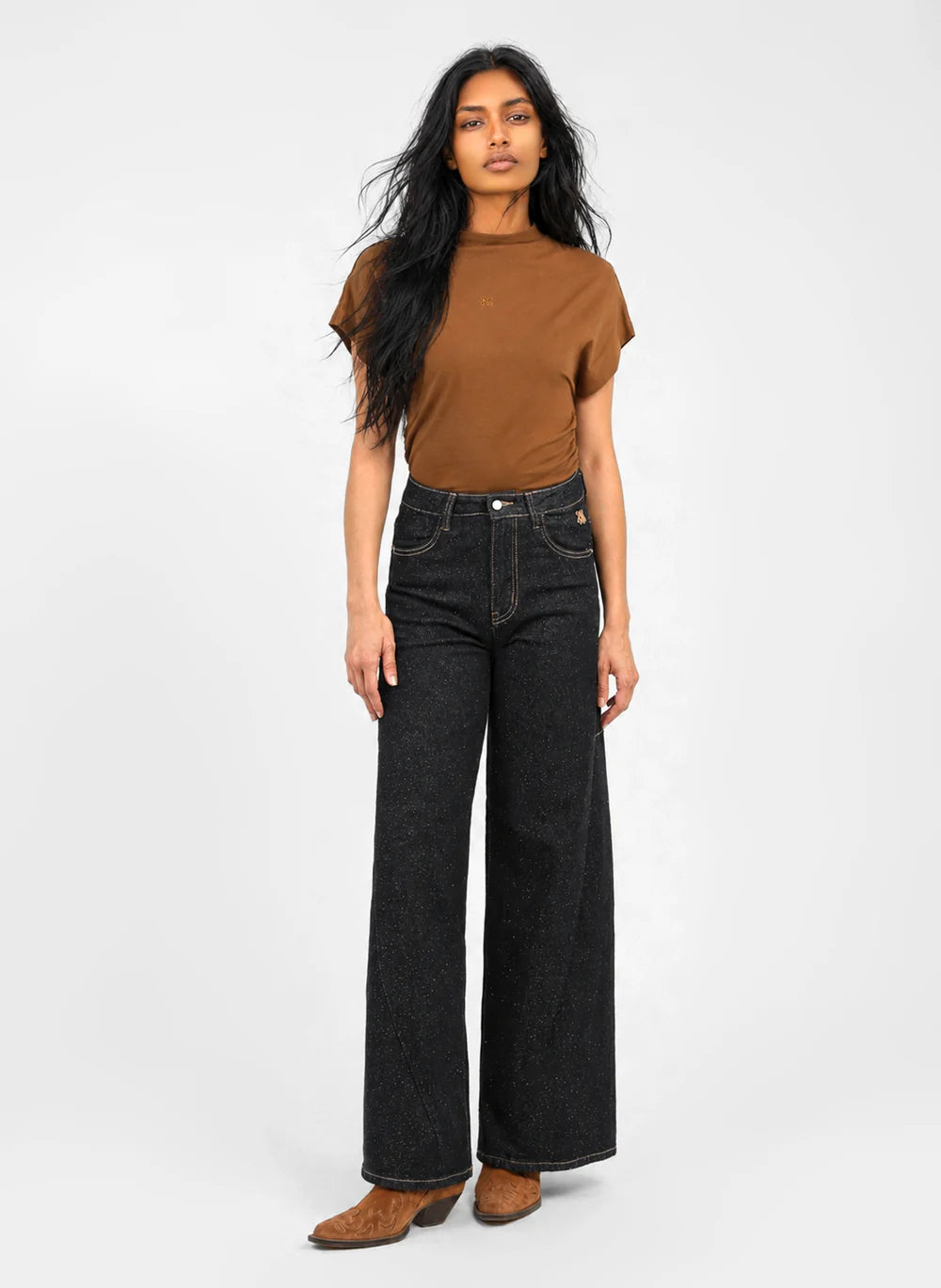 AN’GE Paris Jeans Pale aus dunklem Raw Denim mit Silberglitzer – Balloon-Fit
