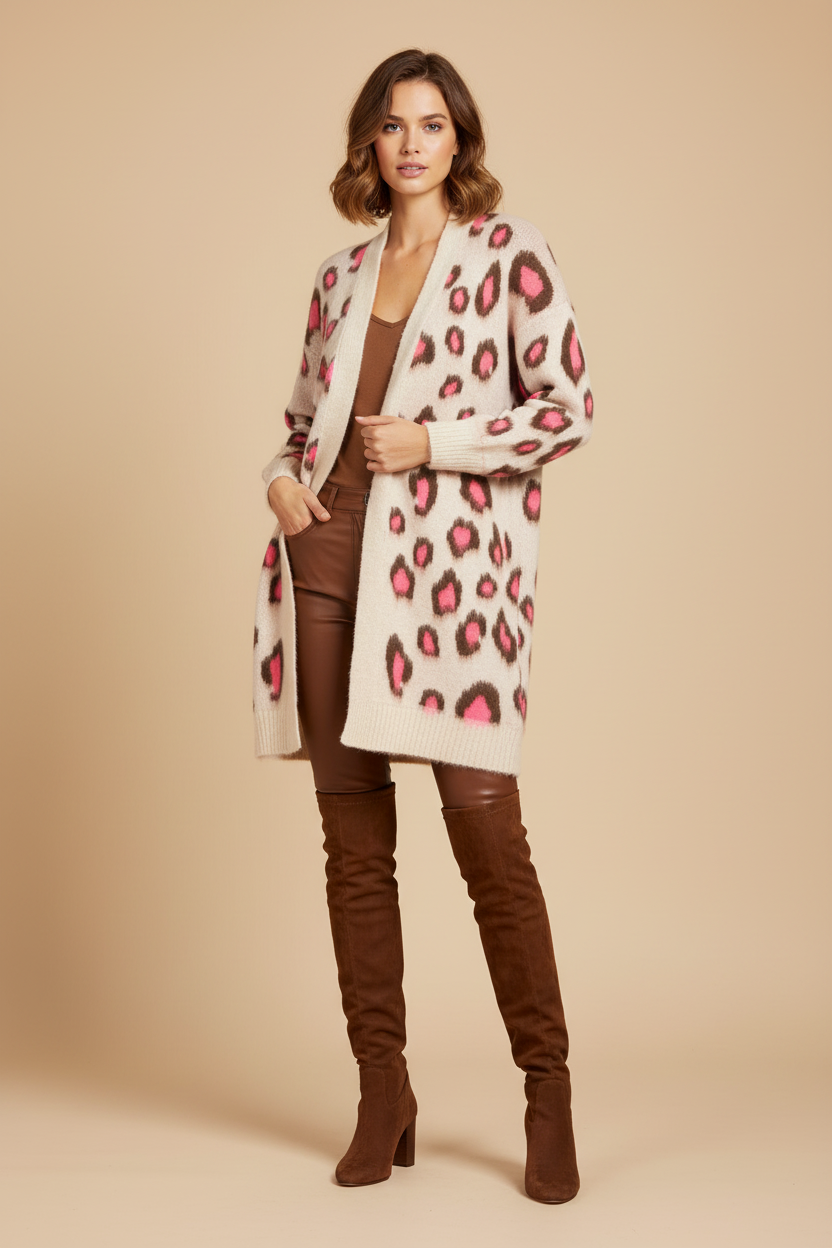 Produktbild - Zwillingsherz Soft Leo Cardigan mit brauner Lederhose und Wildleder-Schaftstiefeln