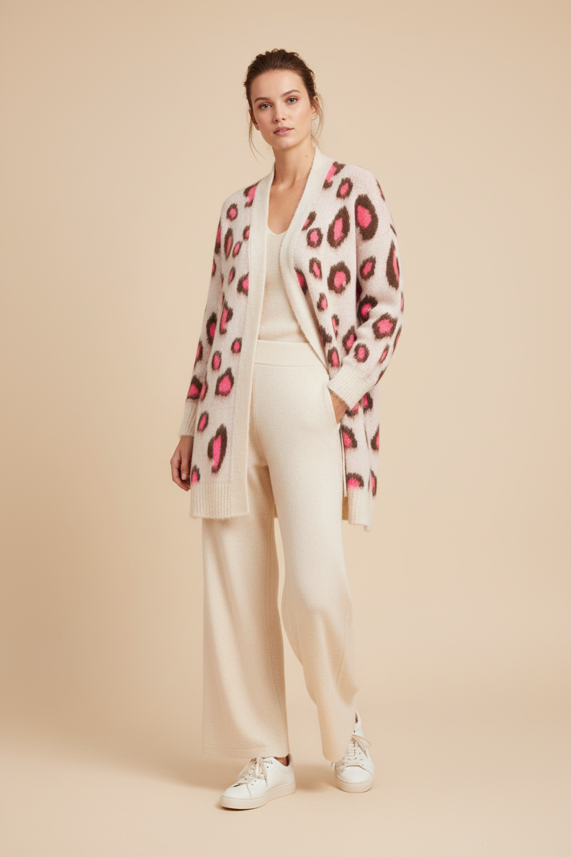 Produktbild - Zwillingsherz Soft Leo Cardigan mit cremefarbener Strickhose und Sneakers