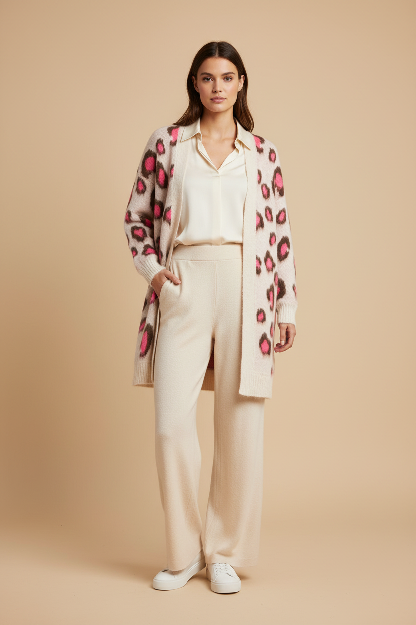 Produktbild - Zwillingsherz Soft Leo Cardigan mit Seidenbluse, Strickhose und Sneakers