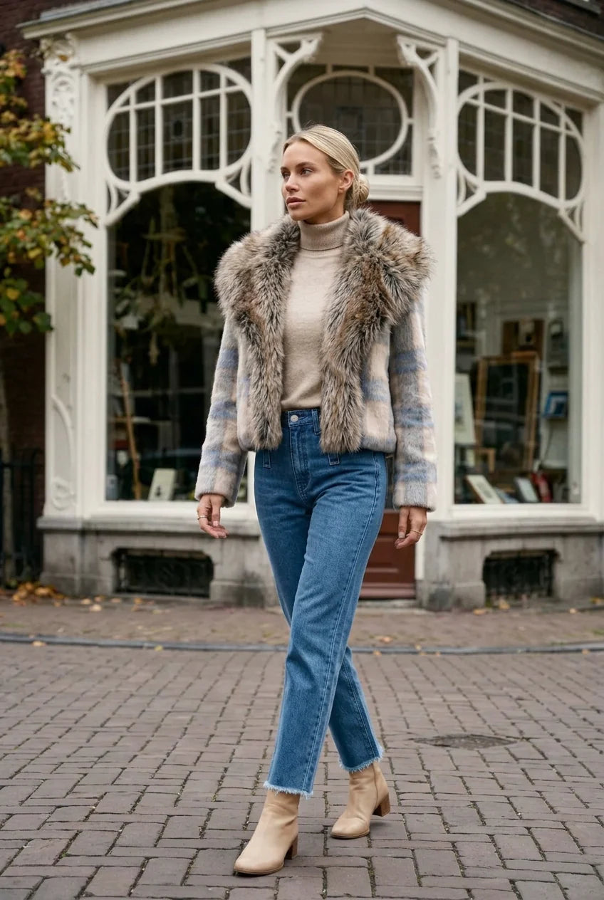 Cherry Paris Jacke Aeryn mit Karomuster und Kunstfellkragen Beige