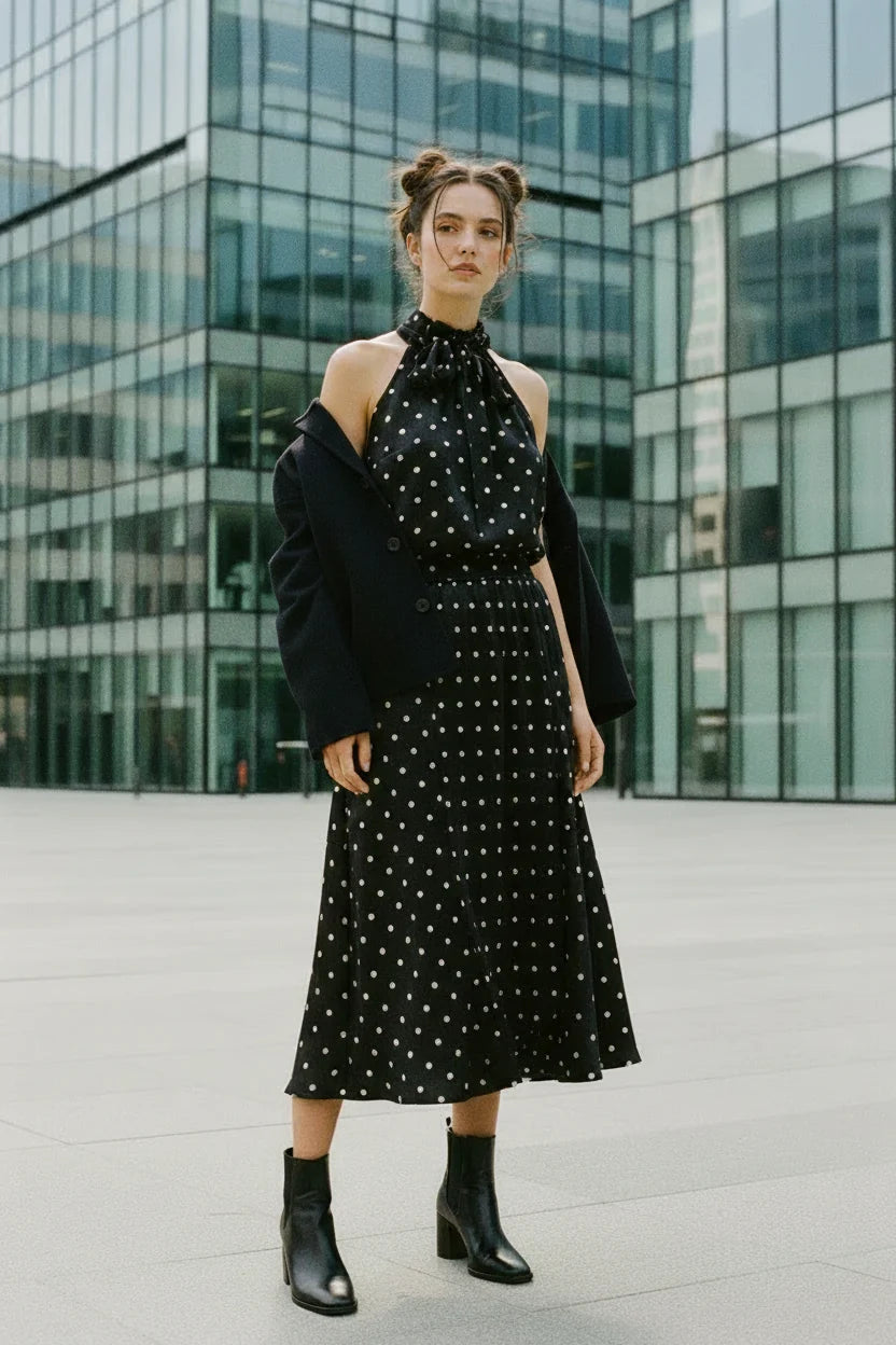 Choklate Paris Satin-Top Elisabeth Schwarz mit weißen Punkten