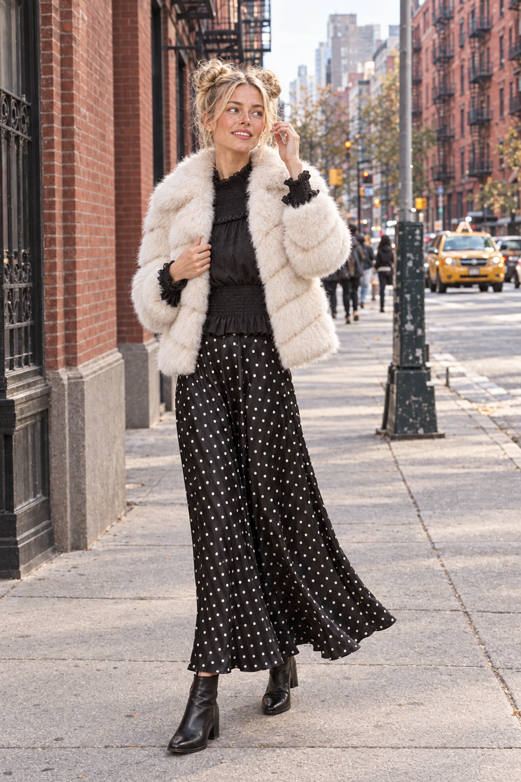 Schwarzes Rena-Valentine-Outfit mit beiger Kunstfelljacke in New York