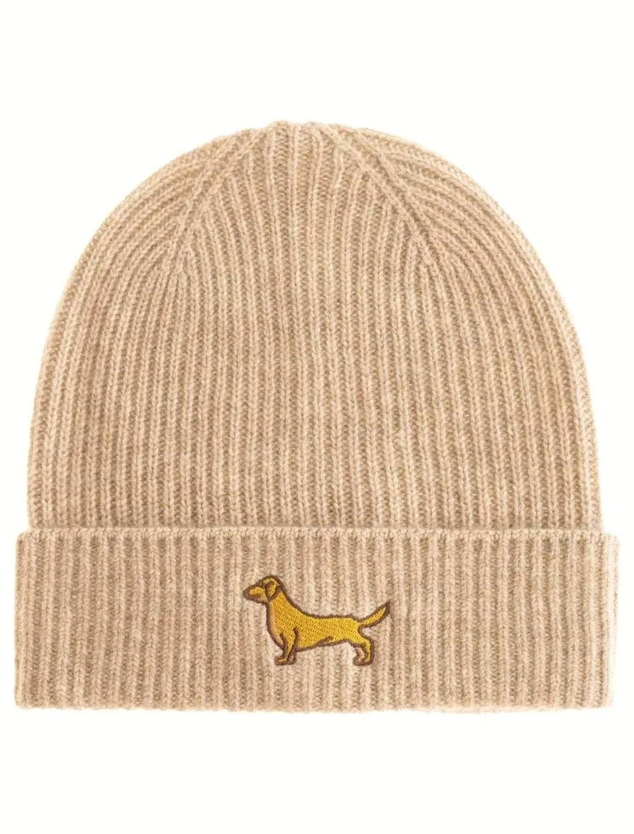Zwillingsherz Beanie - 100% Kaschmir - Dackel-Stickerei - Beige