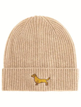 Zwillingsherz Beanie - 100% Kaschmir - Dackel-Stickerei - Beige