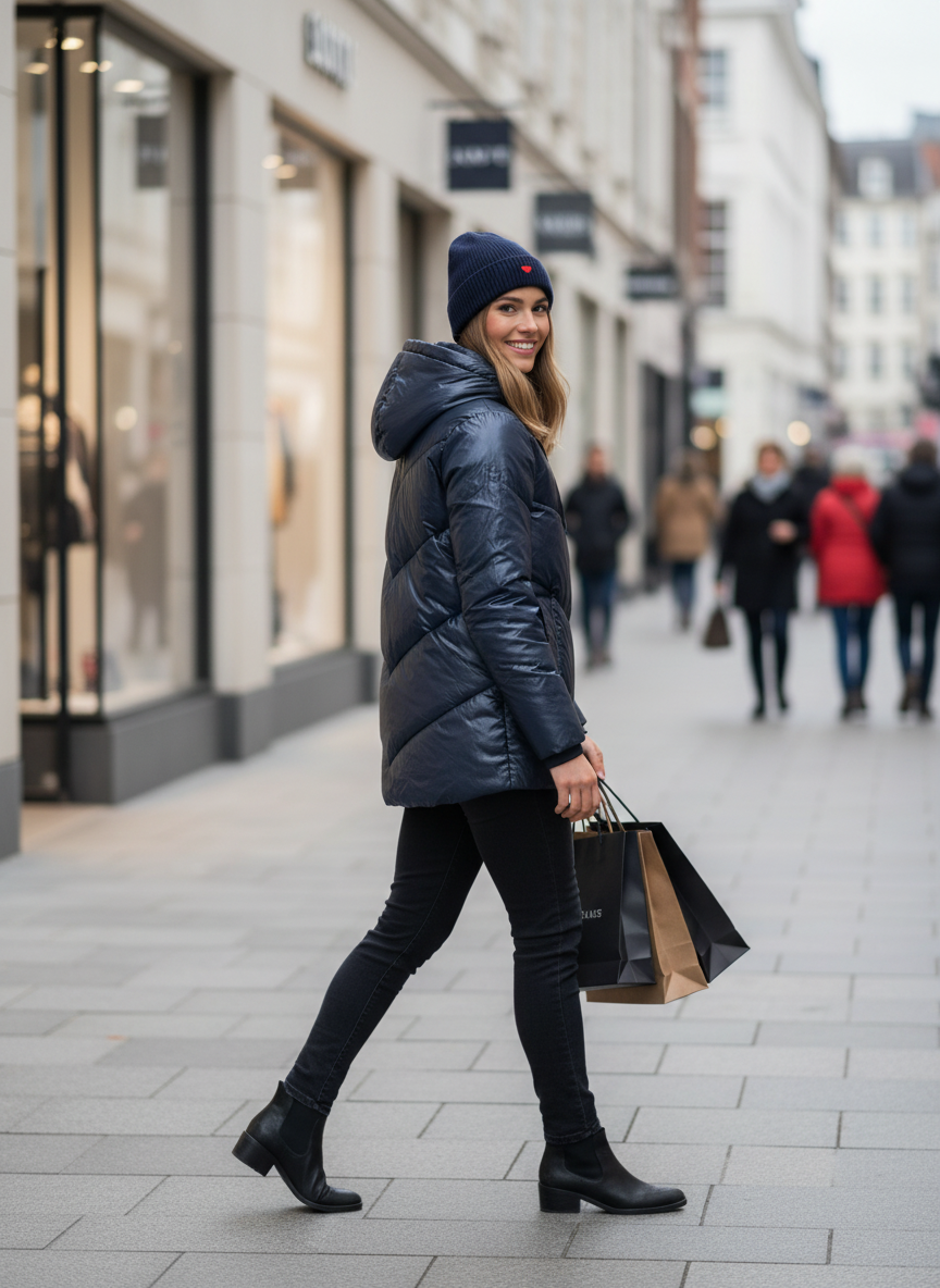 Steppjacke Metallic Dunkelblau mit Kaschmir-Mütze Navy - City Shopping