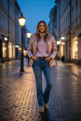 Steppjacke Metallic Rosa mit Flared Denim - Winterliche Stadtkulisse