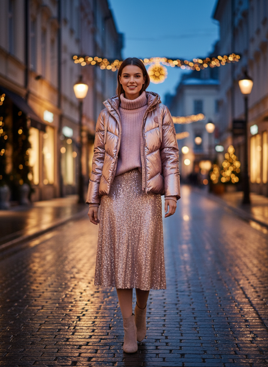 Steppjacke Metallic Rosa - Winterlicher City-Glamour bei Dämmerung