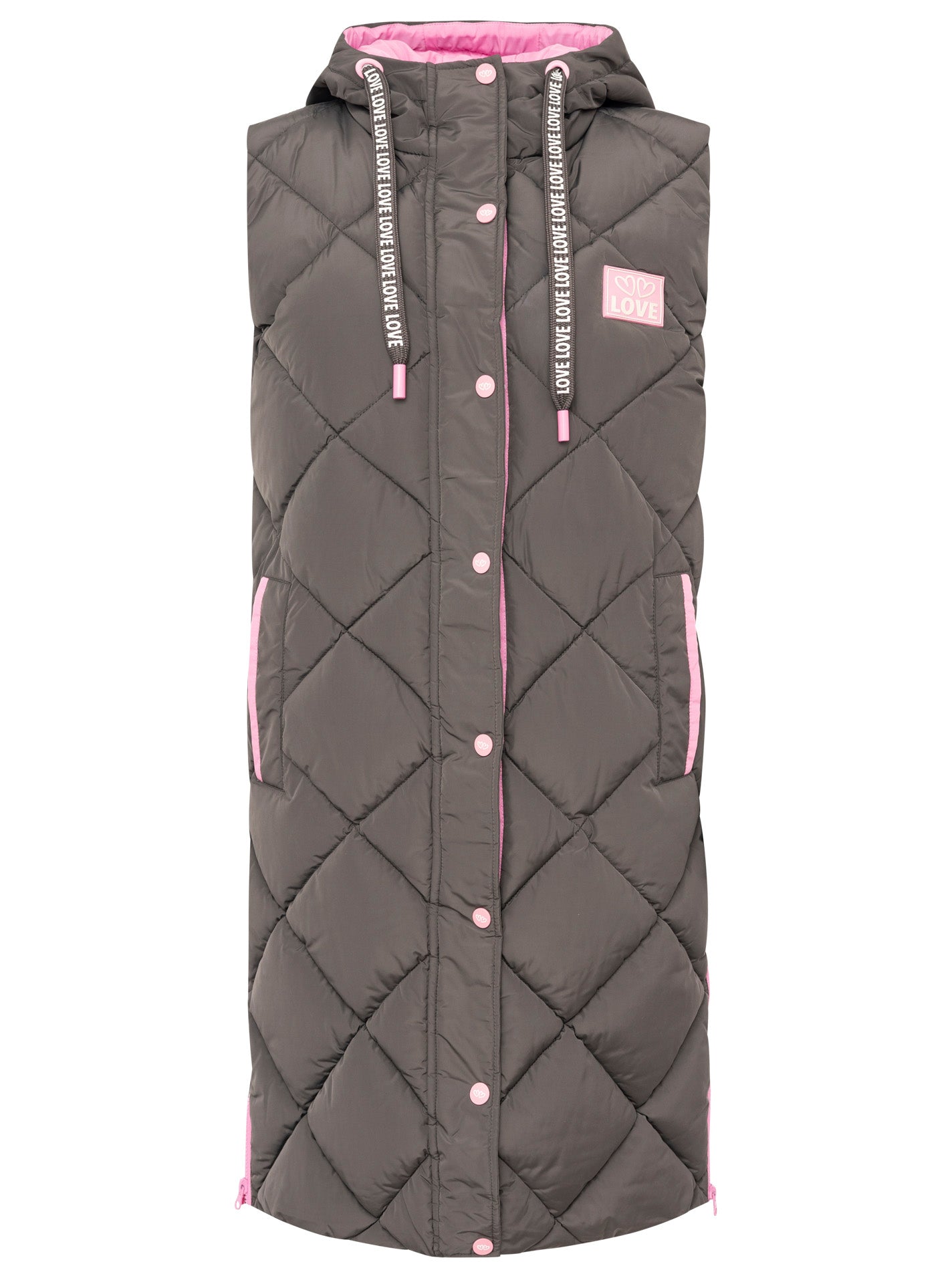 Zwillingsherz - Steppweste Lang "Love Print" - Grau mit rosafarbenen Details