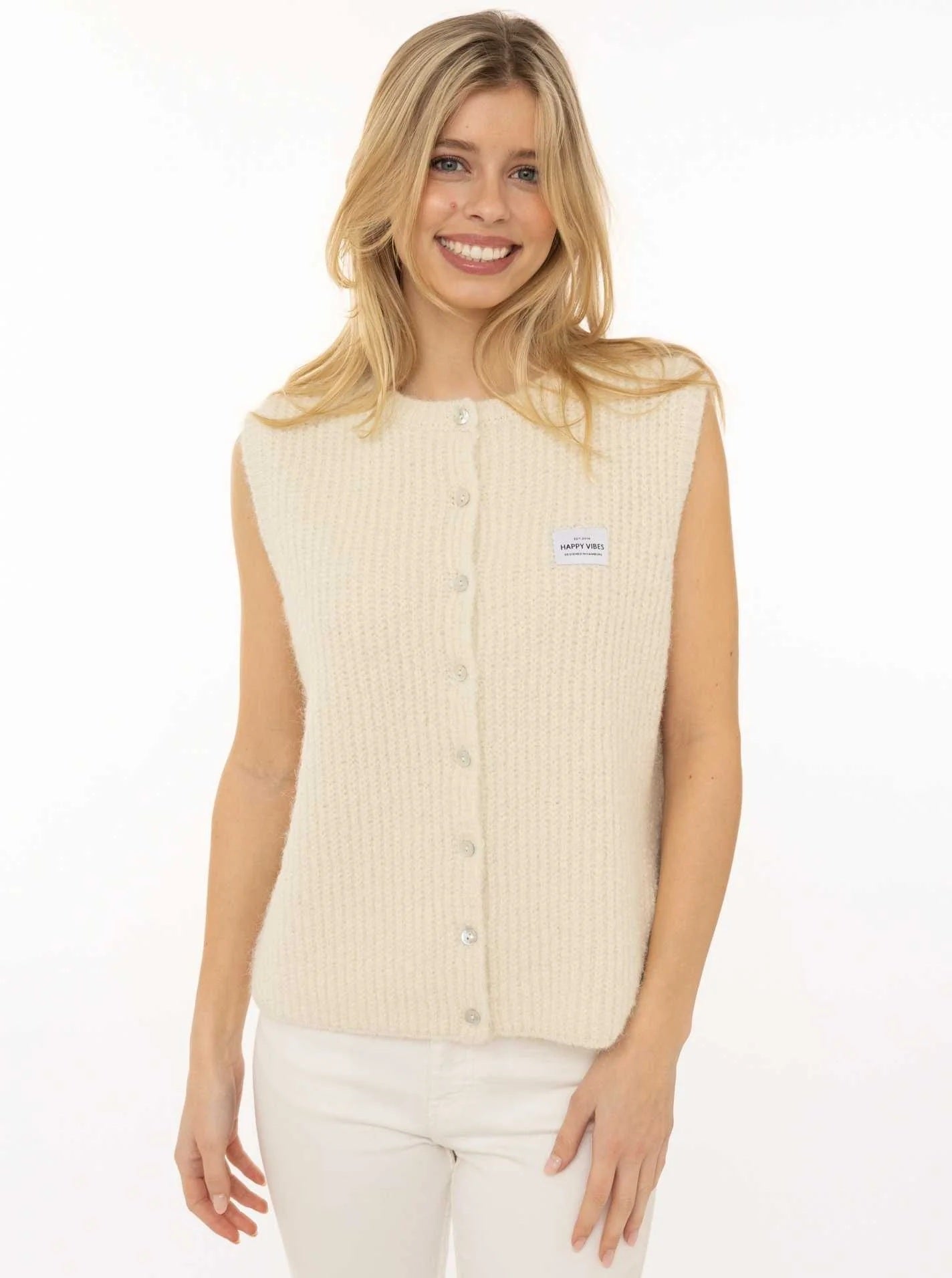 Zwillingsherz Strickweste Beige Knöpfe Patch