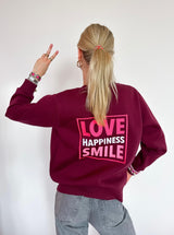 Zwillingsherz  Sweat-Bomberjacke "Love Happiness" - Damenjacke in Bordeaux mit pinken Details (Kopie)