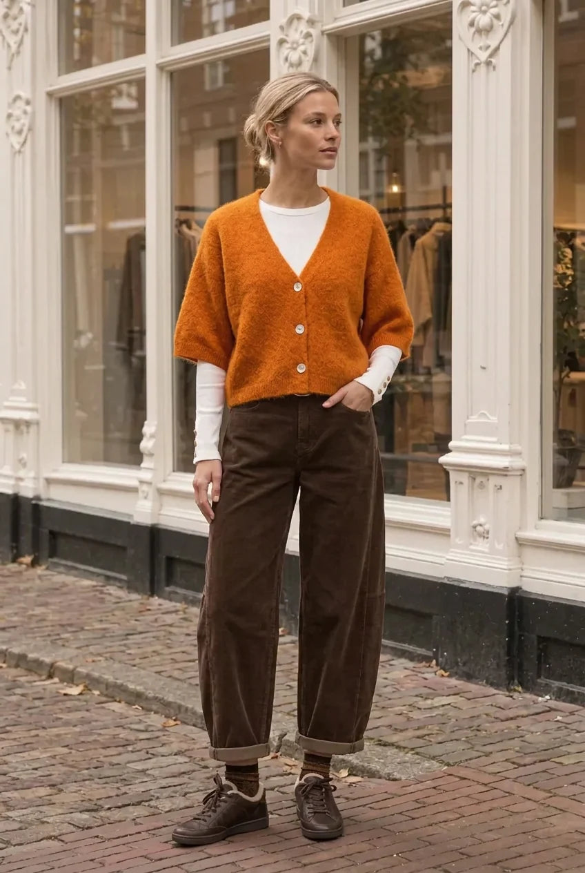 TAMBA Baby-Alpaka-Strickjacke mit Halbarm in Amber – Bernsteinorange