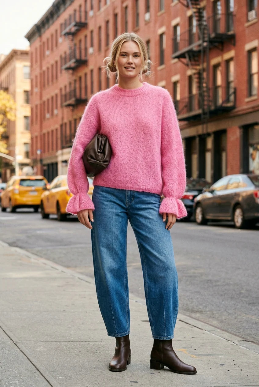 TAMBA Kid-Mohair-Pullover mit Volantärmeln in Bubblegum-Rosa