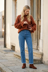 TAMBA Kid-Mohair-Pullover mit Volantärmeln in Rostbraun