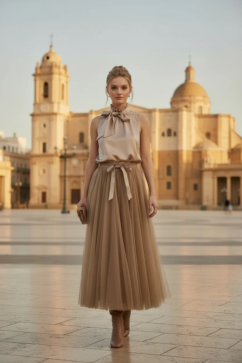 Choklate Paris Satin-Top Elisabeth Mokka mit Schleife