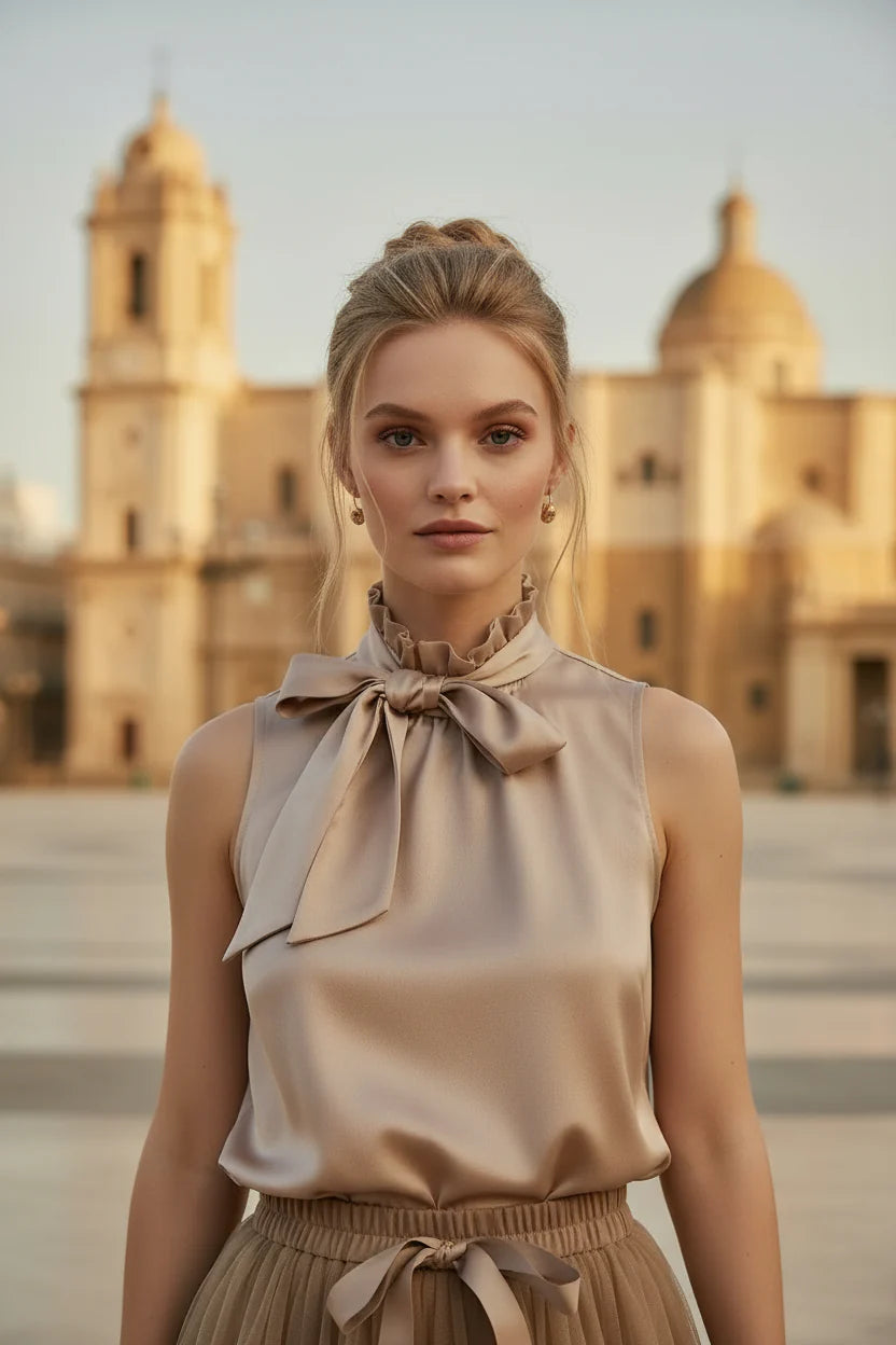 Choklate Paris Satin-Top Elisabeth Mokka mit Schleife