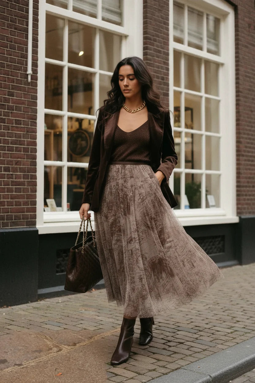Choklate Paris Tüllrock mit Toile de Jouy Druck - Langer Tüllrock in Taupe