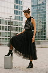 Choklate Paris Satin-Top Elisabeth Schwarz mit weißen Punkten