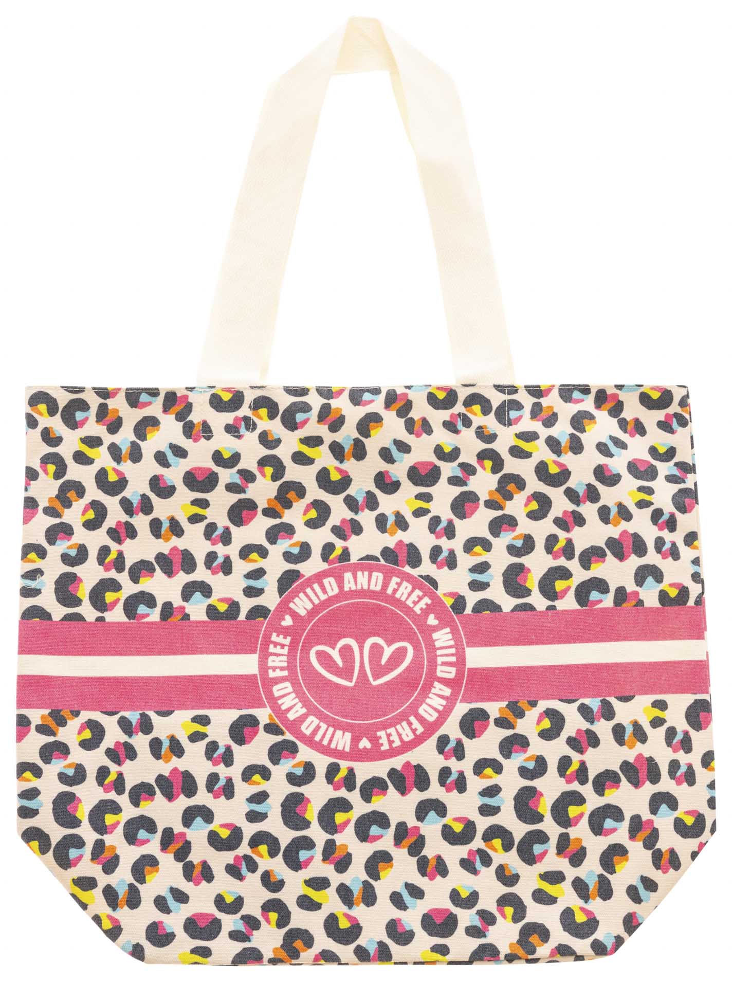 Zwillingsherz ToteBag - Bunter Leo - Print mit pinkem "Wild and Free"-Emblem