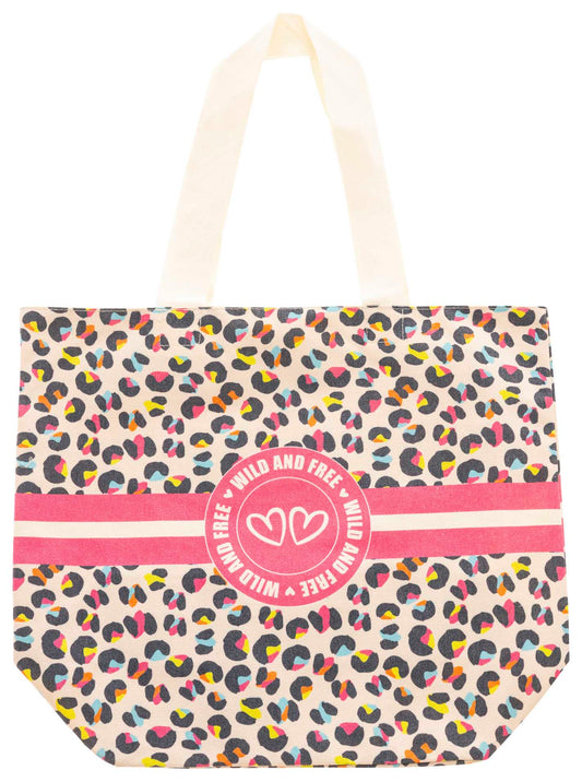 Zwillingsherz ToteBag - Bunter Leo - Print mit pinkem "Wild and Free"-Emblem