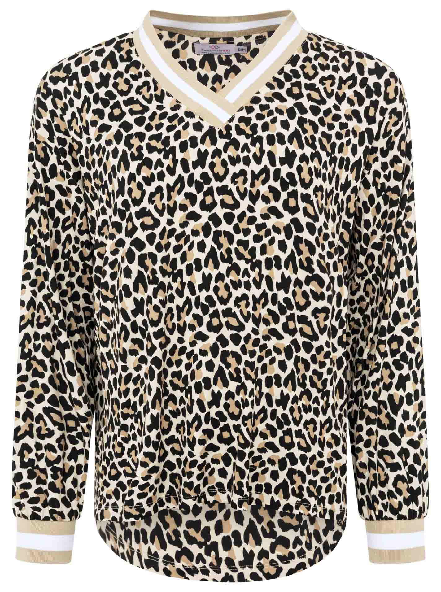 Neue Kollektion!  Zwillingsherz V-Neck Shirt "Leo-Beige" - Leichtes Langarmshirt aus 95% Viskose & 5 % Elastan