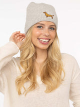 Zwillingsherz Beanie - 100% Kaschmir - Dackel-Stickerei - Hellgrau