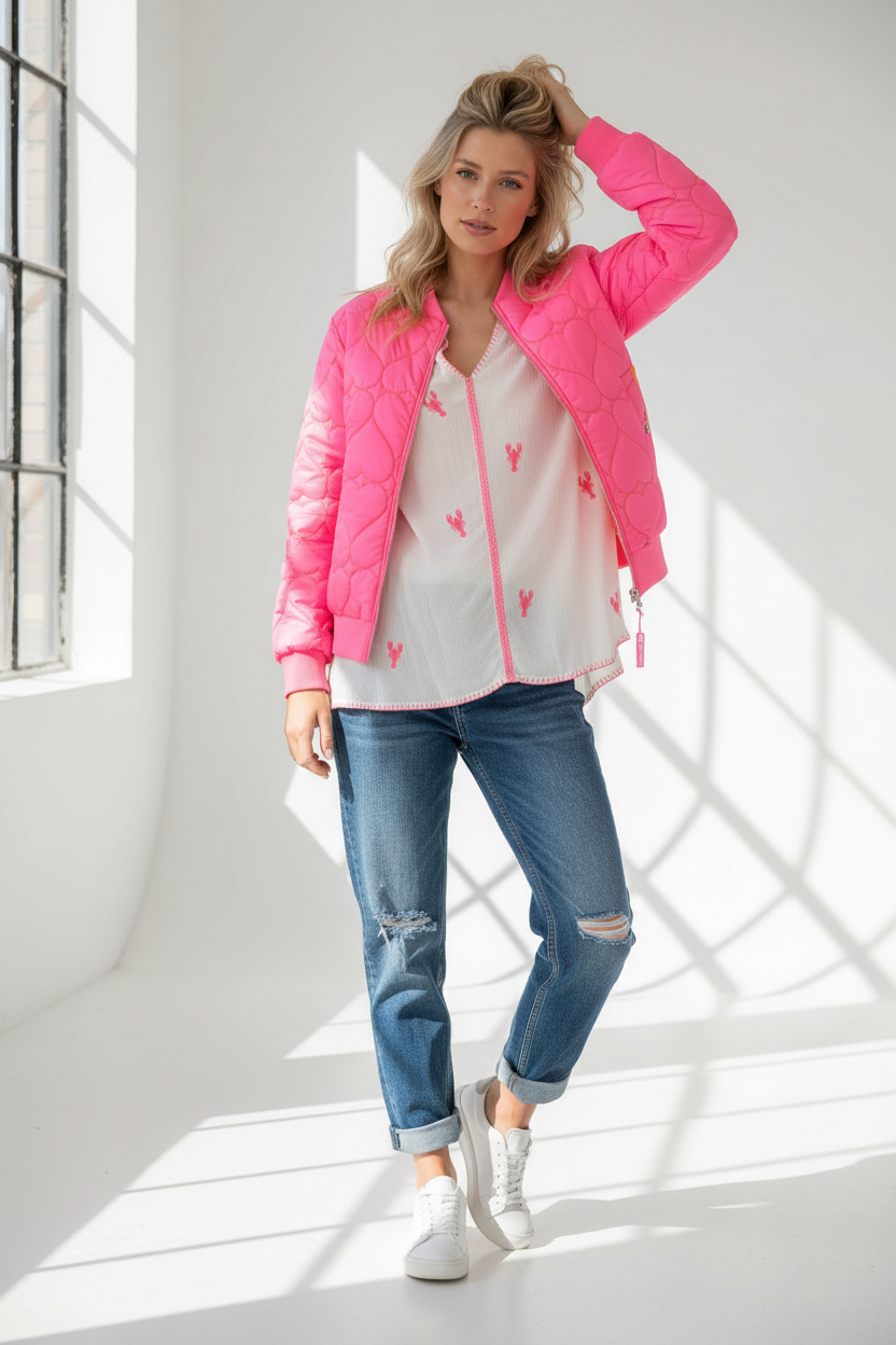 Zwillingsherz Bluse mit Bomberjacke Be Happy Pink - Komplettes Styling