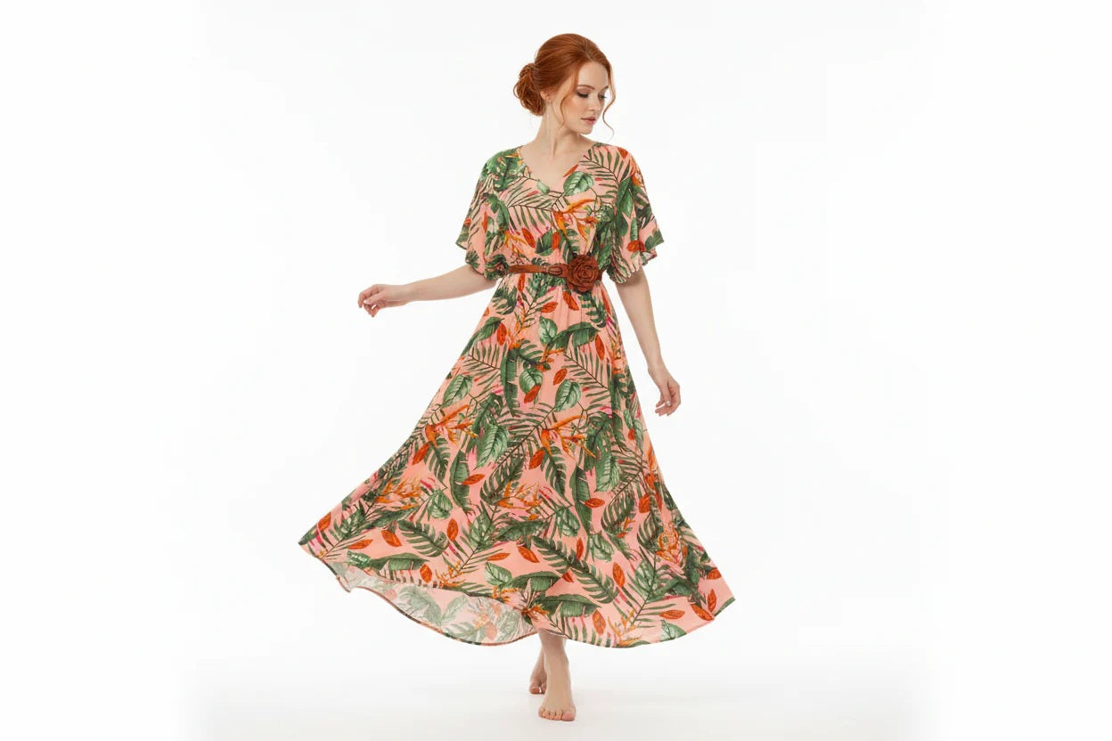 Zwillingsherz Maxikleid Viskose "Dschungel" Rosa