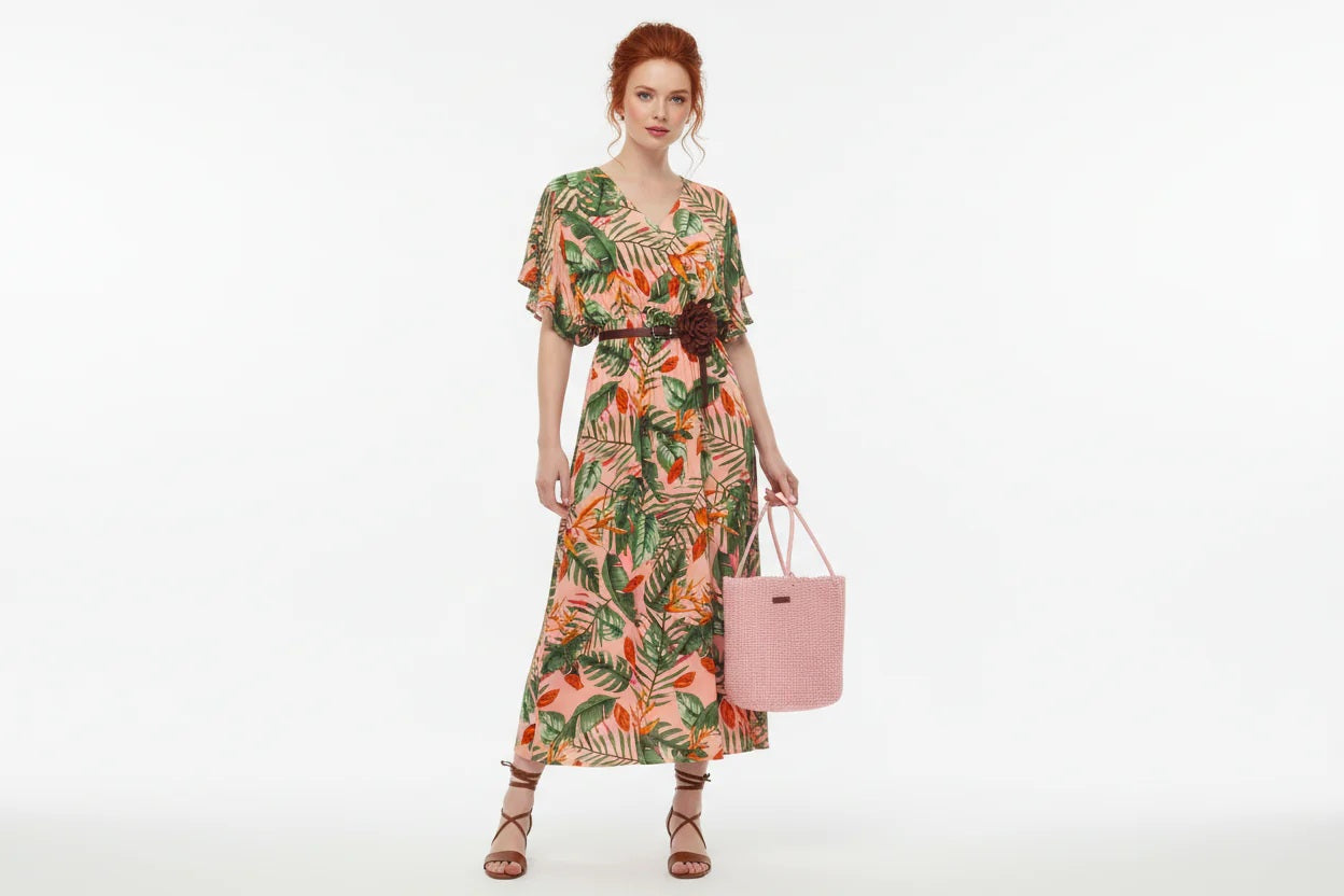 Zwillingsherz Maxikleid Viskose "Dschungel" Rosa