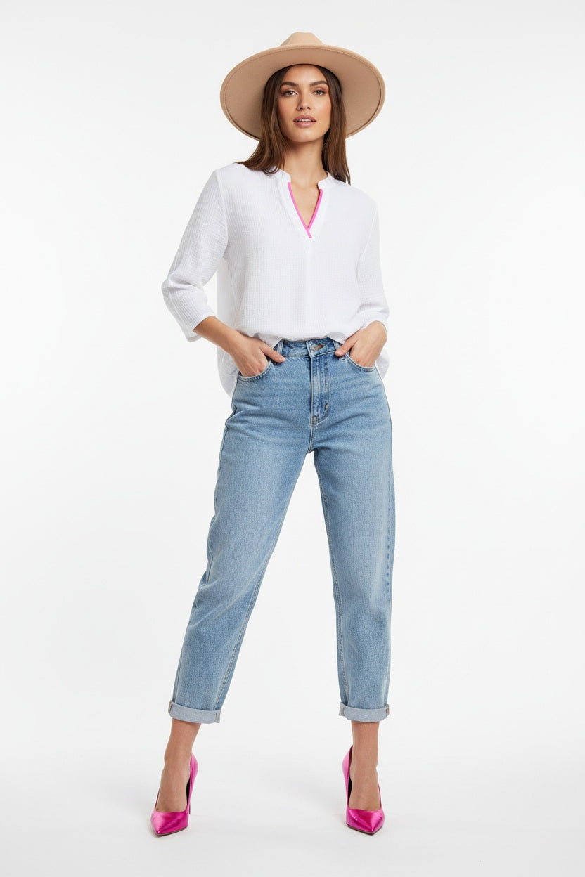 Zwillingsherz Musselin-Bluse Neonkante Weiß Baumwolle