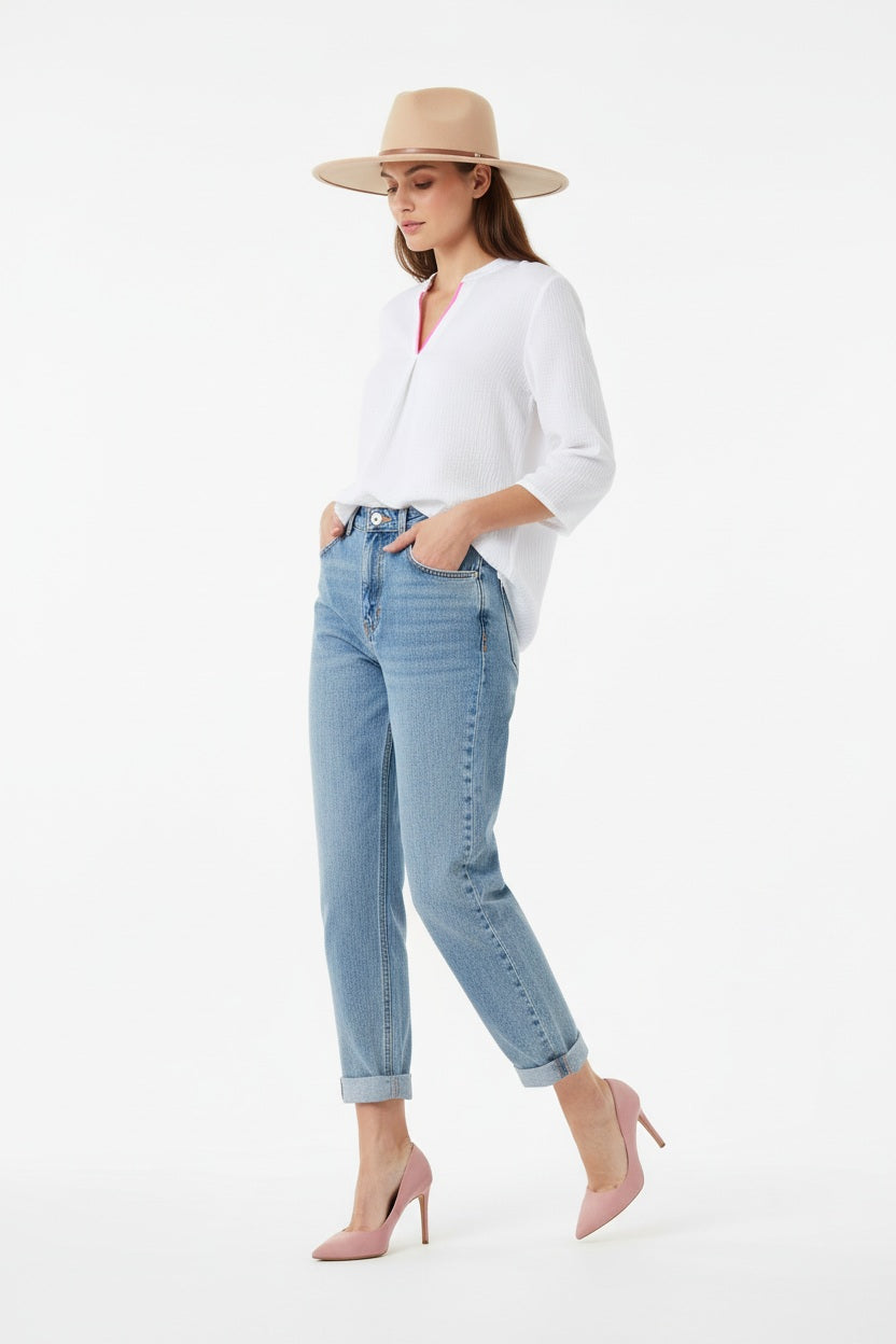 Zwillingsherz Musselin-Bluse Neonkante Weiß Baumwolle