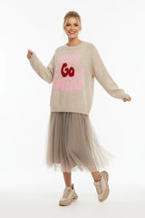 Zwillingsherz Pullover Wollmix "Lets Go Girls" Beige | Statement-Strick