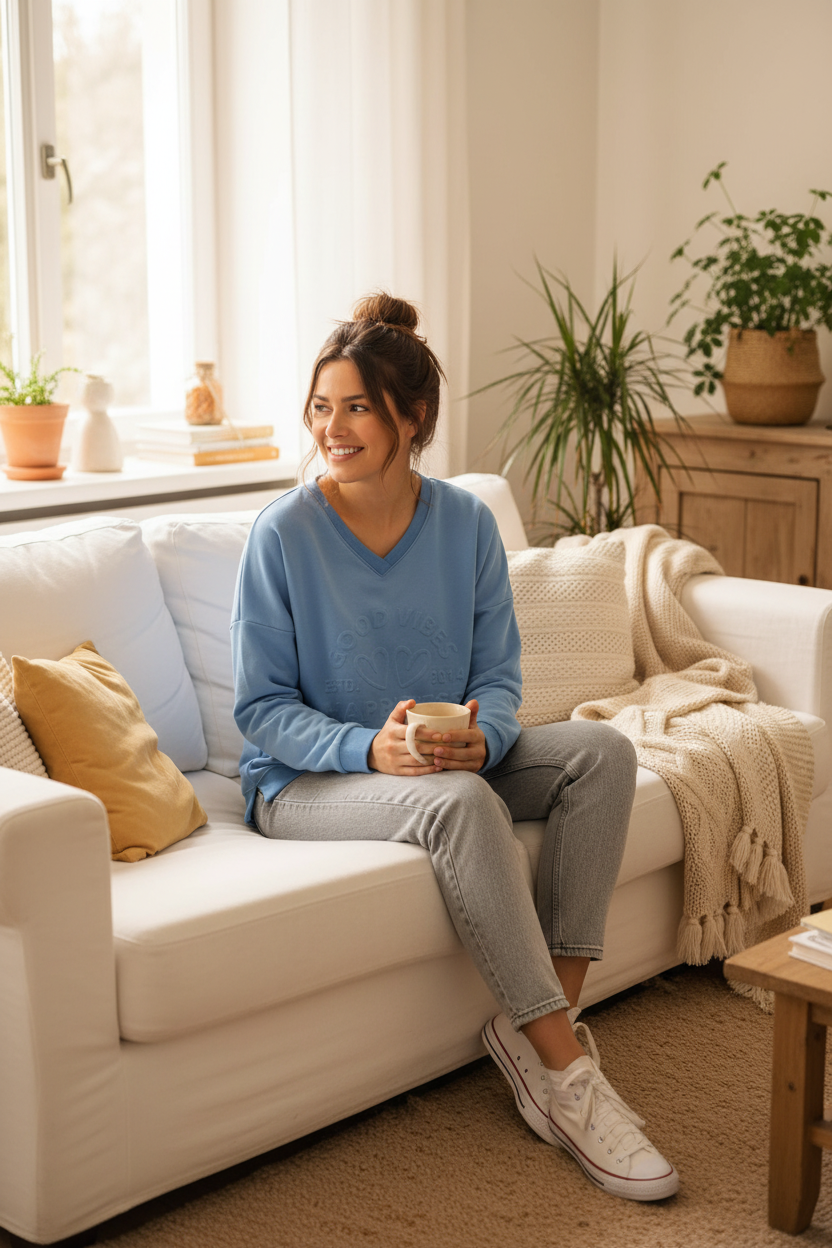 Zwillingsherz V-Neck Sweater Happiness Vibes - Gemütliches Lifestyle Foto